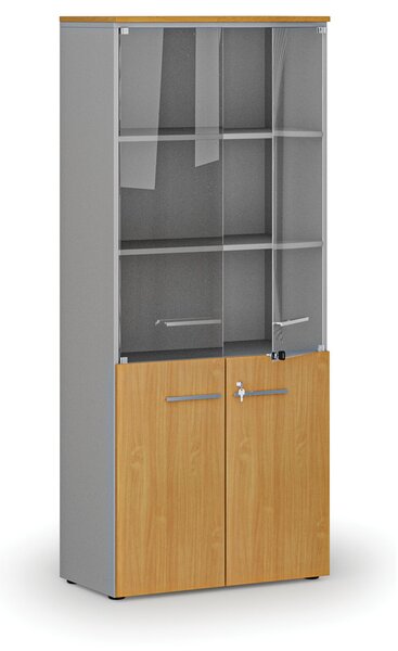 Kombinovaná kancelárska skriňa PRIMO GRAY s drevenými a sklenenými dverami, 800 x 420 x 1781 mm, sivá/buk