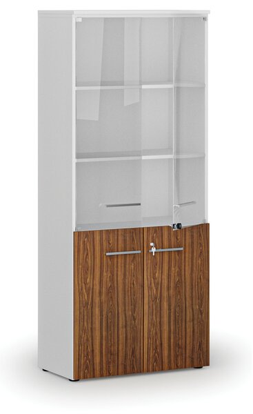 Kombinovaná kancelárska skriňa PRIMO WHITE s drevenými a sklenenými dverami, 800 x 420 x 1781 mm, biela/orech
