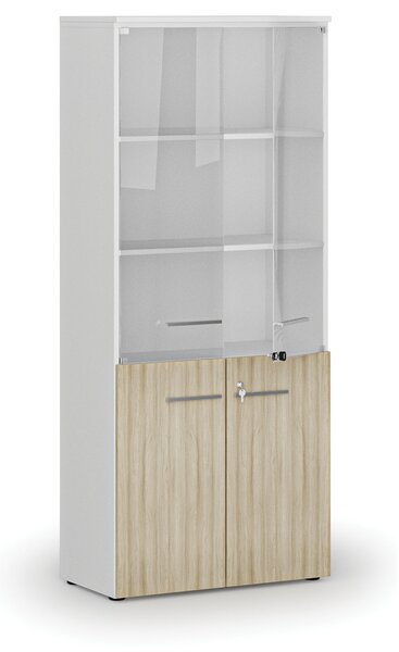 Kombinovaná kancelárska skriňa PRIMO WHITE s drevenými a sklenenými dverami, 800 x 420 x 1781 mm, biela/dub prírodná