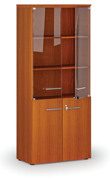 Kombinovaná kancelárska skriňa PRIMO WOOD s drevenými a sklenenými dverami, 800 x 420 x 1781 mm, čerešňa