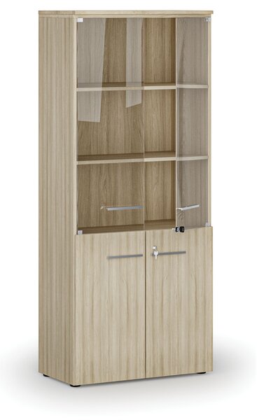 Kombinovaná kancelárska skriňa PRIMO WOOD s drevenými a sklenenými dverami, 800 x 420 x 1781 mm, dub prírodný