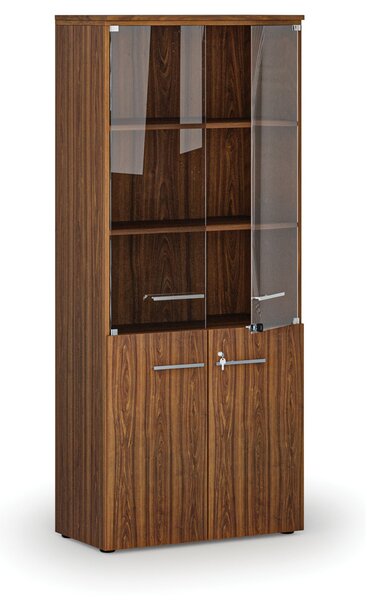 Kombinovaná kancelárska skriňa PRIMO WOOD s drevenými a sklenenými dverami, 800 x 420 x 1781 mm, orech