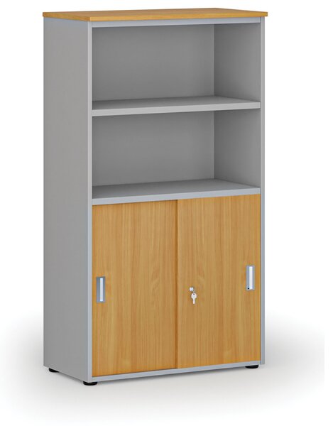 Kombinovaná kancelárska skriňa PRIMO GRAY, zasúvacie dvere na 2 poschodia, 800 x 420 x 1434 mm, sivá/buk