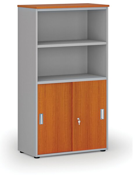 Kombinovaná kancelárska skriňa PRIMO GRAY, zasúvacie dvere na 2 poschodia, 800 x 420 x 1434 mm, sivá/čerešňa