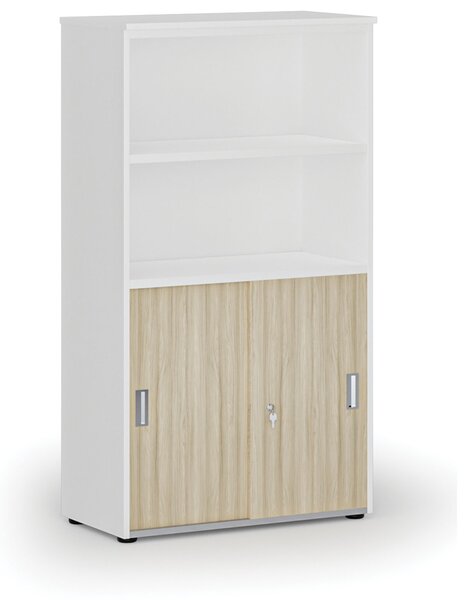 Kombinovaná kancelárska skriňa PRIMO WHITE, zasúvacie dvere na 2 poschodia, 800 x 420 x 1434 mm, biela/dub prírodná