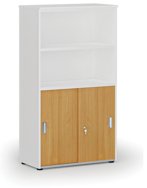Kombinovaná kancelárska skriňa PRIMO WHITE, zasúvacie dvere na 2 poschodia, 800 x 420 x 1434 mm, biela/buk