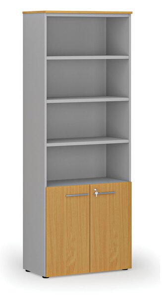 Kombinovaná kancelárska skriňa PRIMO GRAY, dvere na 2 poschodia, 800 x 420 x 2128 mm, sivá/buk