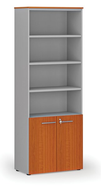 Kombinovaná kancelárska skriňa PRIMO GRAY, dvere na 2 poschodia, 800 x 420 x 2128 mm, sivá/čerešňa