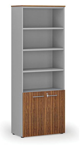 Kombinovaná kancelárska skriňa PRIMO GRAY, dvere na 2 poschodia, 800 x 420 x 2128 mm, sivá/orech