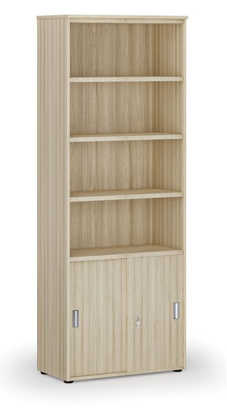 Kombinovaná kancelárska skriňa PRIMO WOOD, zasúvacie dvere na 2 poschodia, 800 x 420 x 2128 mm, dub prírodný