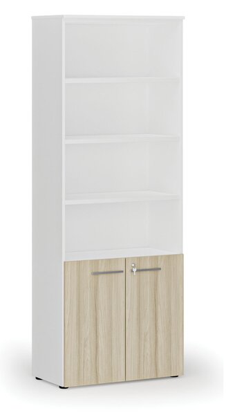 Kombinovaná kancelárska skriňa PRIMO WHITE, dvere na 2 poschodia, 800 x 420 x 2128 mm, biela/dub prírodná