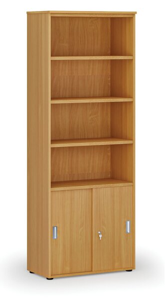 Kombinovaná kancelárska skriňa PRIMO WOOD, zasúvacie dvere na 2 poschodia, 800 x 420 x 2128 mm, buk