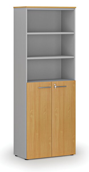 Kombinovaná kancelárska skriňa PRIMO GRAY, dvere na 3 poschodia, 800 x 420 x 2128 mm, sivá/buk