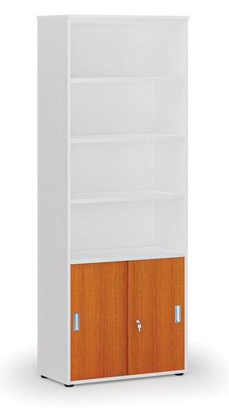 Kombinovaná kancelárska skriňa PRIMO WHITE, zasúvacie dvere na 2 poschodia, 800 x 420 x 2128 mm, biela/čerešňa
