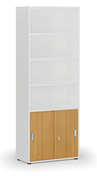 Kombinovaná kancelárska skriňa PRIMO WHITE, zasúvacie dvere na 2 poschodia, 800 x 420 x 2128 mm, biela/buk
