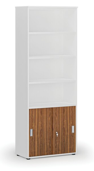 Kombinovaná kancelárska skriňa PRIMO WHITE, zasúvacie dvere na 2 poschodia, 800 x 420 x 2128 mm, biela/orech