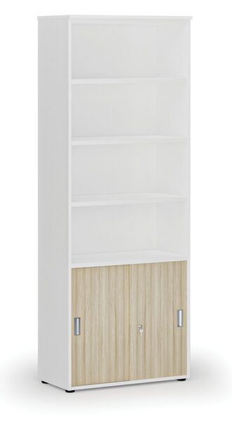 Kombinovaná kancelárska skriňa PRIMO WHITE, zasúvacie dvere na 2 poschodia, 800 x 420 x 2128 mm, biela/dub prírodná