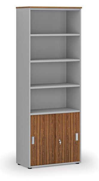 Kombinovaná kancelárska skriňa PRIMO GRAY, zasúvacie dvere na 2 poschodia, 800 x 420 x 2128 mm, sivá/orech