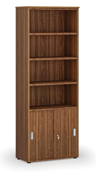 Kombinovaná kancelárska skriňa PRIMO WOOD, zasúvacie dvere na 2 poschodia, 800 x 420 x 2128 mm, orech