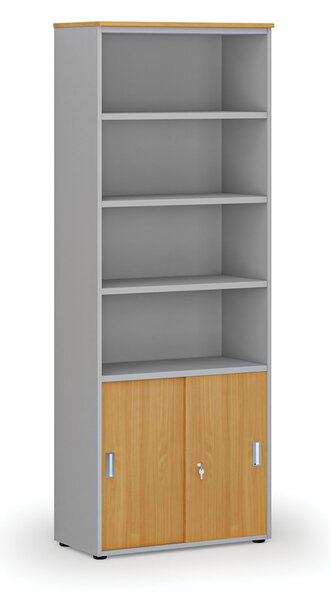 Kombinovaná kancelárska skriňa PRIMO GRAY, zasúvacie dvere na 2 poschodia, 800 x 420 x 2128 mm, sivá/buk