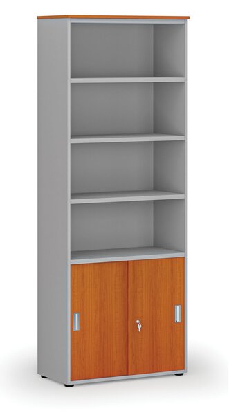 Kombinovaná kancelárska skriňa PRIMO GRAY, zasúvacie dvere na 2 poschodia, 800 x 420 x 2128 mm, sivá/čerešňa
