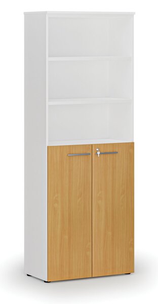 Kombinovaná kancelárska skriňa PRIMO WHITE, dvere na 3 poschodia, 800 x 420 x 2128 mm, biela/buk