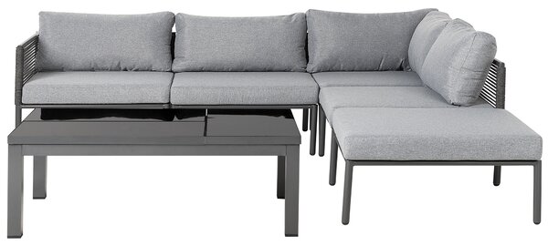 Záhradná rohová sedacia súprava sivá čierna hliník polyester pre 6 osôb pohovka stolík moderný štýl záhrada exteriér