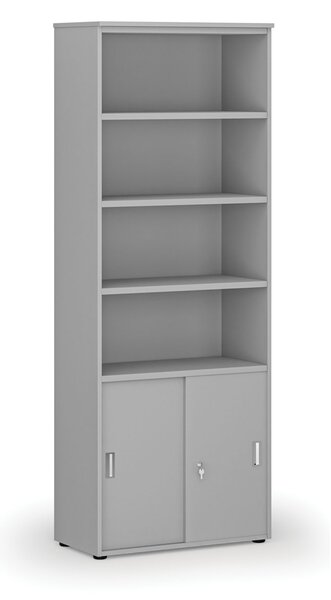 Kombinovaná kancelárska skriňa PRIMO GRAY, zasúvacie dvere na 2 poschodia, 800 x 420 x 2128 mm, sivá