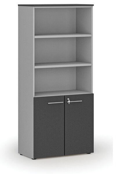 Kombinovaná kancelárska skriňa PRIMO GRAY, dvere na 2 poschodia, 800 x 420 x 1781 mm, sivá/grafit