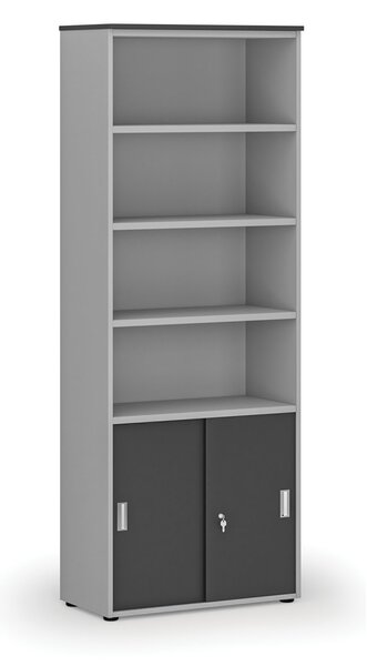 Kombinovaná kancelárska skriňa PRIMO GRAY, zasúvacie dvere na 2 poschodia, 800 x 420 x 2128 mm, sivá/grafit