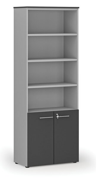 Kombinovaná kancelárska skriňa PRIMO GRAY, dvere na 2 poschodia, 800 x 420 x 2128 mm, sivá/grafit
