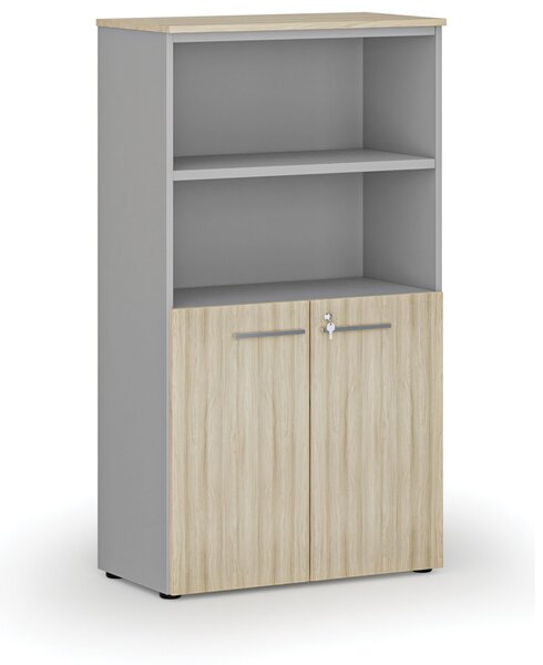 Kombinovaná kancelárska skriňa PRIMO GRAY, dvere na 2 poschodia, 800 x 420 x 1434 mm, sivá/dub prírodný