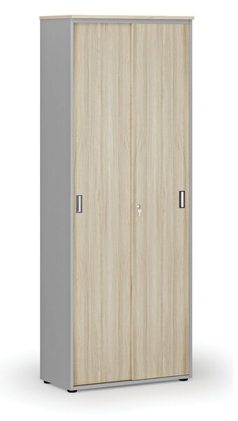 Kancelárska skriňa so zasúvacími dverami, 800 x 420 x 2128 mm, sivá/dub prírodný