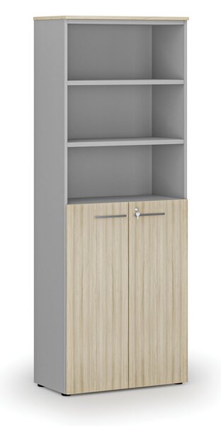 Kombinovaná kancelárska skriňa PRIMO GRAY, dvere na 3 poschodia, 800 x 420 x 2128 mm, sivá/dub prírodný