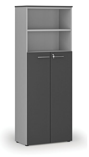 Kombinovaná kancelárska skriňa PRIMO GRAY, dvere na 4 poschodia, 800 x 420 x 2128 mm, sivá/grafit