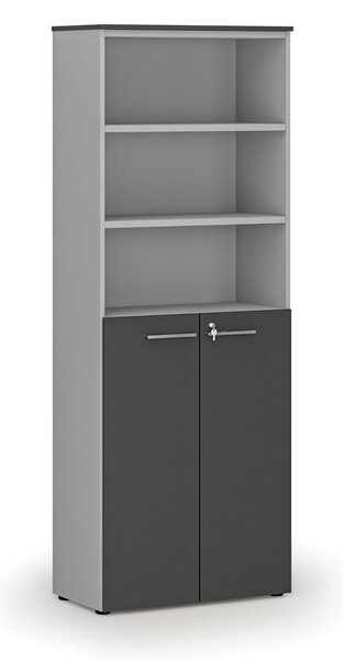 Kombinovaná kancelárska skriňa PRIMO GRAY, dvere na 3 poschodia, 800 x 420 x 2128 mm, sivá/grafit