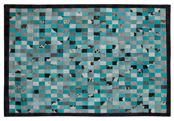 Koberec tyrkysová sivá koža 160 x 230 cm kockovaný vzor obdĺžnikový tvar moderný eklektický štýl obývačka spálňa