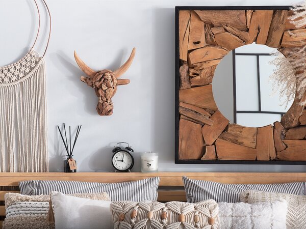 Dekorácia na stenu hnedá 28 x 34 cm teakové drevo v tvare býčej hlavy moderná