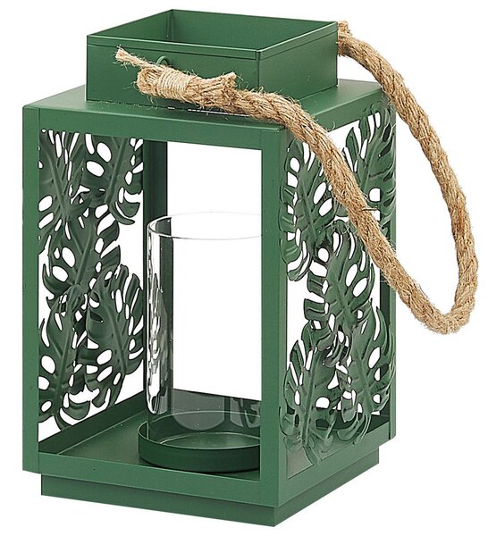Lampáš zelený kovový 25 cm sklenený držiak na sviečku so vzorom listov monstery boho dekorácia