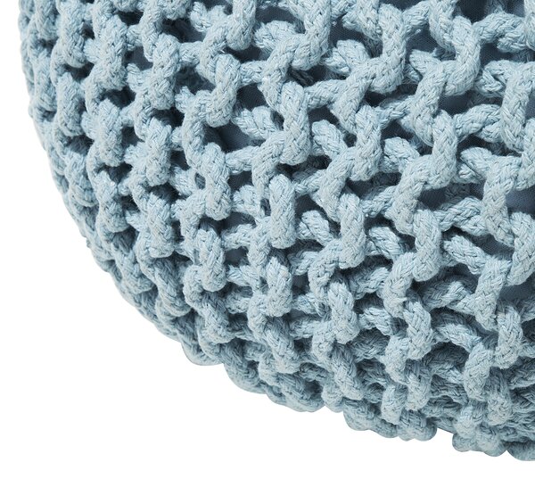 Puf taburetka svetlomodrá okrúhla bavlnená 50 x 35 cm pletená podnožka výplň z polystyrénového granulátu