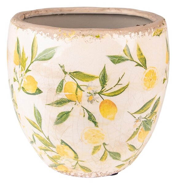 Béžový keramický obal na kvetináč s citrónmi Lemonio S - Ø14*14 cm - Clayre & Eef