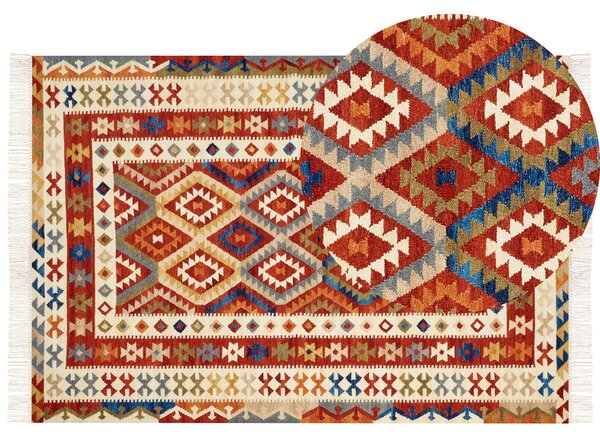 Kelímový koberec viacfarebný vlna 160 x 230 cm geometrický vzor so strapcami ručne tkaný tradičný štýl obývačka spálňa