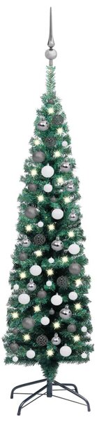 Úzky osvetlený umelý vianočný stromček s guľami, zelený 150 cm