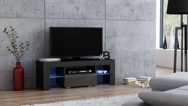 TV stolík MILANO lesklý 110 LED čierny, šedá zásuvka