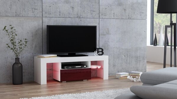 TV stolík MILANO lesklý 110 LED biely, burgund zásuvka