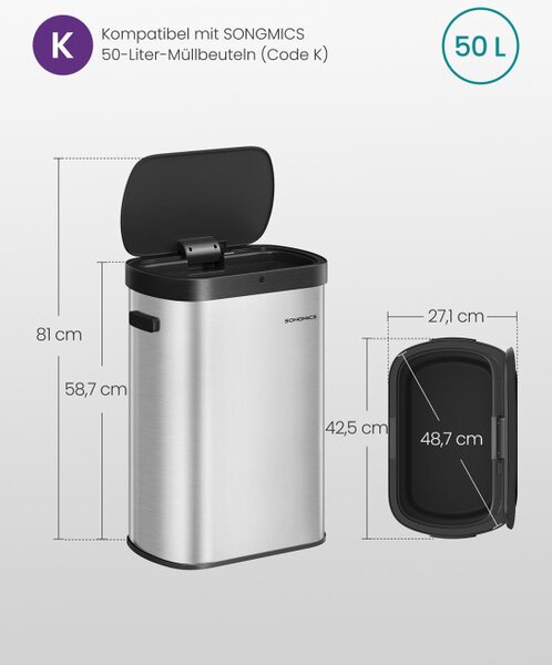 Automatický odpadkový kôš 50 l SONGMICS LTB640E01 strieborný