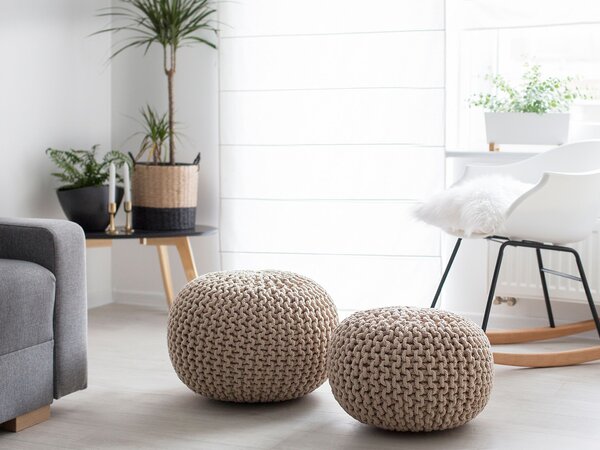 Puf taburetka béžová okrúhla bavlnená 40 x 25 cm pletená podnožka výplň z polystyrénového granulátu