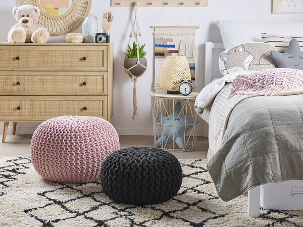 Puf taburetka čierna okrúhla bavlnená 40 x 25 cm pletená podnožka výplň z polystyrénového granulátu