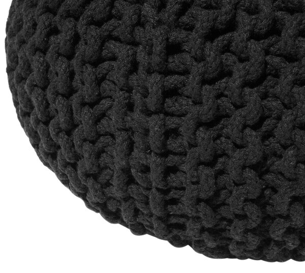 Puf taburetka čierna okrúhla bavlnená 40 x 25 cm pletená podnožka výplň z polystyrénového granulátu
