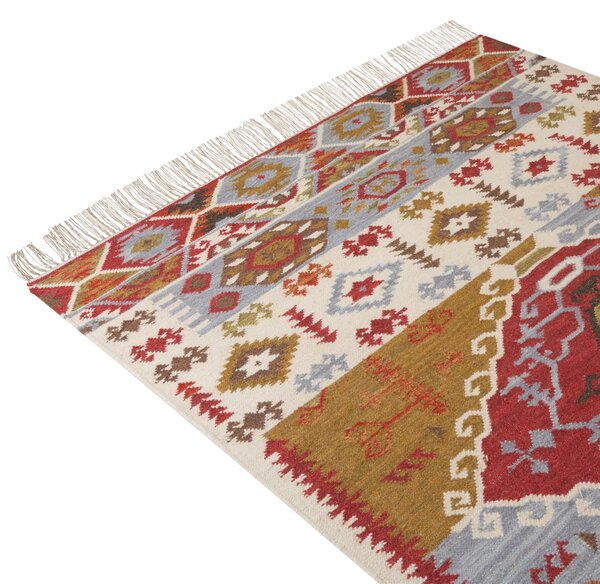 Kelímový koberec viacfarebný vlna bavlna 160 x 230 cm patchwork geometrický vzor so strapcami ručne tkaný boho štýl obývačka spálňa